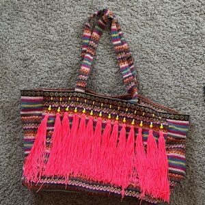 Merona Multicolor Woven Tote with Neon Pink Tassels